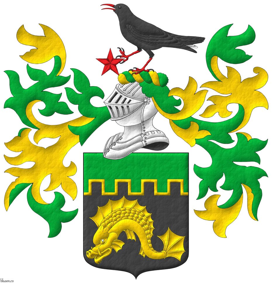 Sable, a dolphin naiant Or; a chief embattled Vert, fimbriated Or. Crest: Upon a helm, with a wreath Or and Vert, a cornish chough speaking proper, his dexter foot grasping the point of a mullet Gules. Mantling: Vert doubled Or.