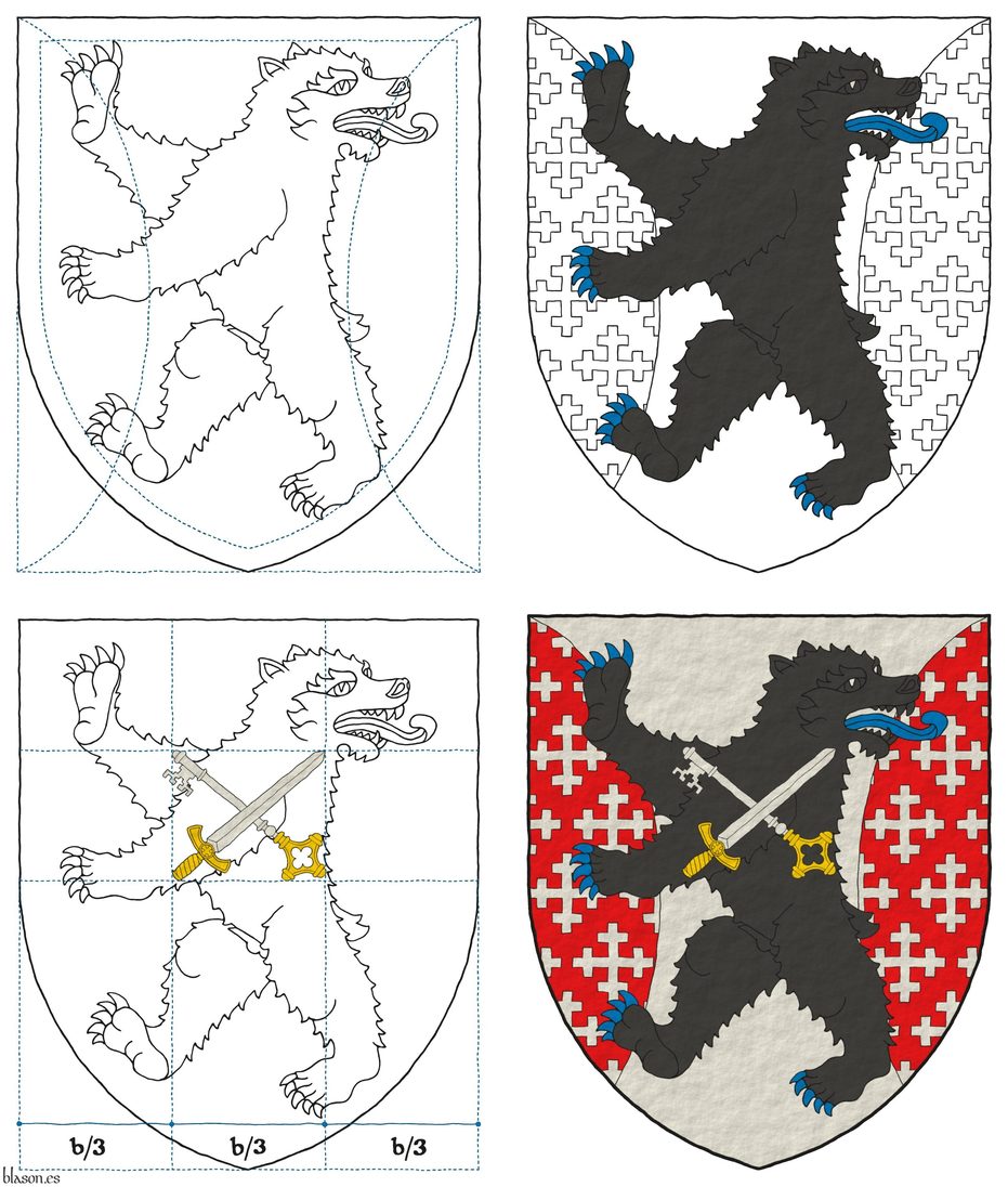 Escudo de plata, flanqueado curvo de gules sembrado de cruces recrucetadas de plata, brochante sobre el todo un oso rampante y contornado de sable, armado y lampasado de azur, cargado de una llave y una espada en sotuer de plata, ambas guarnecidas de oro y la llave resaltada de la espada.