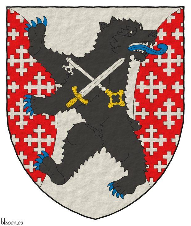 Escudo de plata, flanqueado curvo de gules sembrado de cruces recrucetadas de plata, brochante sobre el todo un oso rampante y contornado de sable, armado y lampasado de azur, cargado de una llave y una espada en sotuer de plata, ambas guarnecidas de oro y la llave resaltada de la espada.
