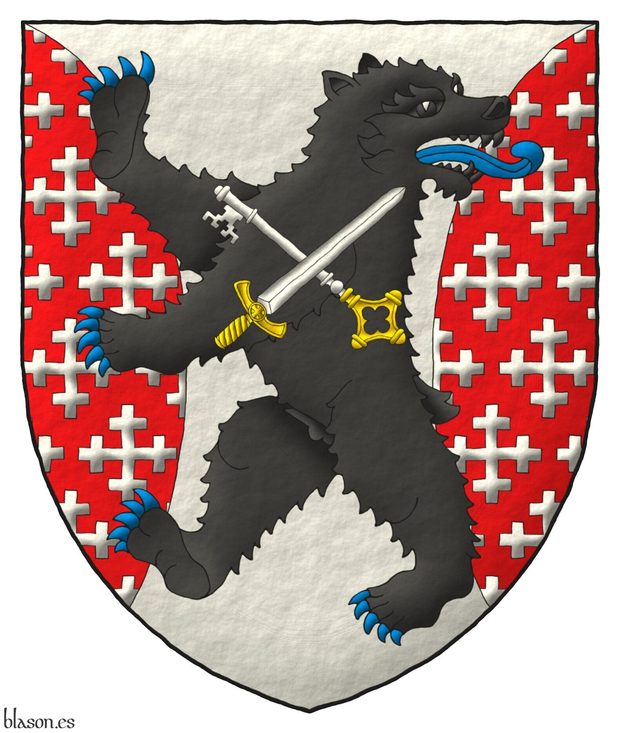 Escudo de plata, flanqueado curvo de gules sembrado de cruces recrucetadas de plata, brochante sobre el todo un oso rampante y contornado de sable, armado y lampasado de azur, cargado de una llave y una espada en sotuer de plata, ambas guarnecidas de oro y la llave resaltada de la espada.
