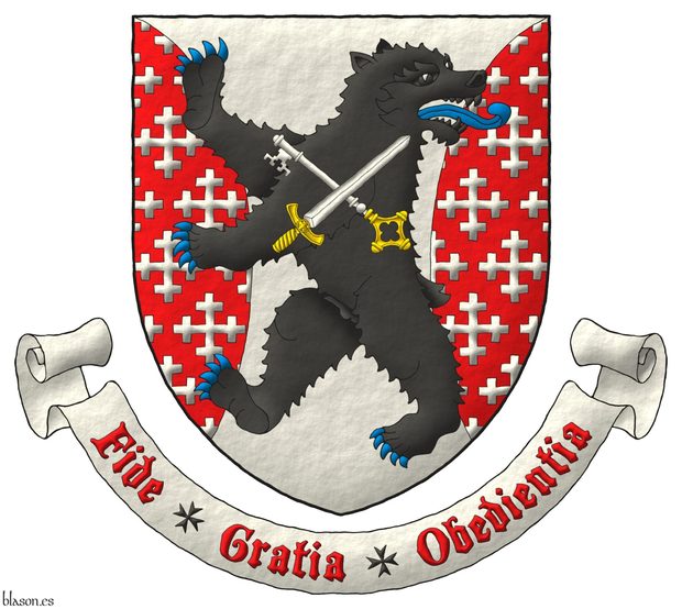 Escudo de plata, flanqueado curvo de gules sembrado de cruces recrucetadas de plata, brochante sobre el todo un oso rampante y contornado de sable, armado y lampasado de azur, cargado de una llave y una espada en sotuer de plata, ambas guarnecidas de oro y la llave resaltada de la espada. Lema: Fide Gratia Obedientia de gules sobre una filacteria de plata.