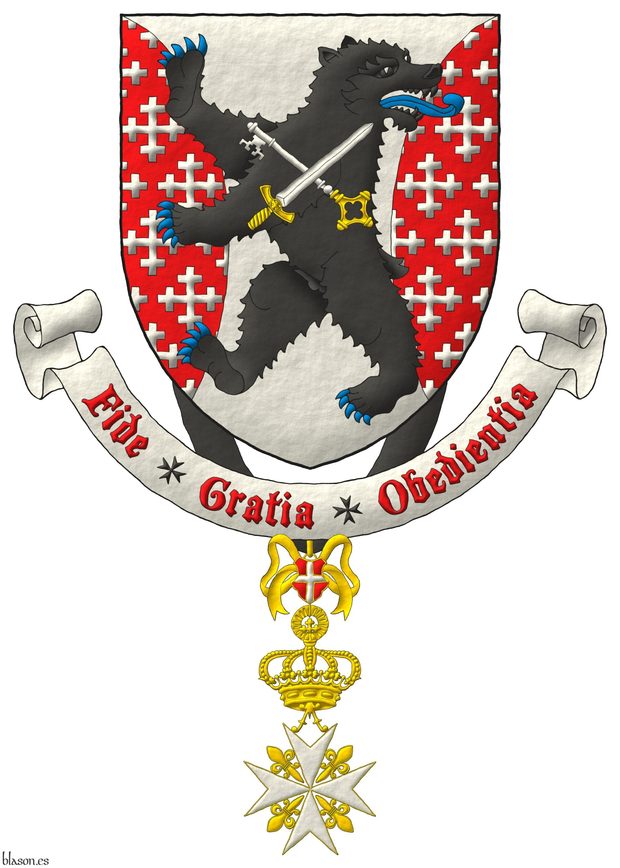 Escudo de plata, flanqueado curvo de gules sembrado de cruces recrucetadas de plata, brochante sobre el todo un oso rampante y contornado de sable, armado y lampasado de azur, cargado de una llave y una espada en sotuer de plata, ambas guarnecidas de oro y la llave resaltada de la espada. Lema: Fide Gratia Obedientia de gules sobre una filacteria de plata. Pendiente de la punta la cruz de caballero de gracia magistral de la Soberana y Militar Orden Hospitalaria de San Juan de Jerusaln de Rodas y de Malta.