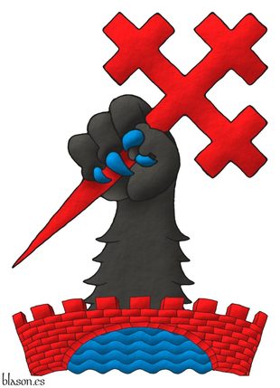 Un brazo de oso de sable, armado de azur, teniendo una cruz recruceteada, fijada, puesta en barra de gules, naciente de un puente arqueado, almenado de gules, mazonado de sable, sumado a un ro de azur.