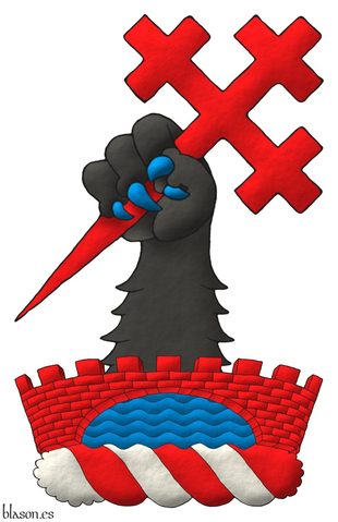 Un burelete de plata y gules, cimado de un brazo de oso de sable, armado de azur, teniendo una cruz recruceteada, fijada, puesta en barra de gules, naciente de un puente arqueado, almenado de gules, mazonado de sable, sumado a un ro de azur.