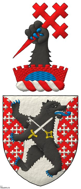 Escudo de plata, flanqueado curvo de gules sembrado de cruces recrucetadas de plata, brochante sobre el todo un oso rampante y contornado de sable, armado y lampasado de azur, cargado de una llave y una espada en sotuer de plata, ambas guarnecidas de oro y la llave resaltada de la espada. Timbrado de un burelete de plata y gules, cimado de un brazo de oso de sable, armado de azur, teniendo una cruz recruceteada, fijada, puesta en barra de gules, naciente de un puente arqueado, almenado de gules, mazonado de sable, sumado a un ro de azur.