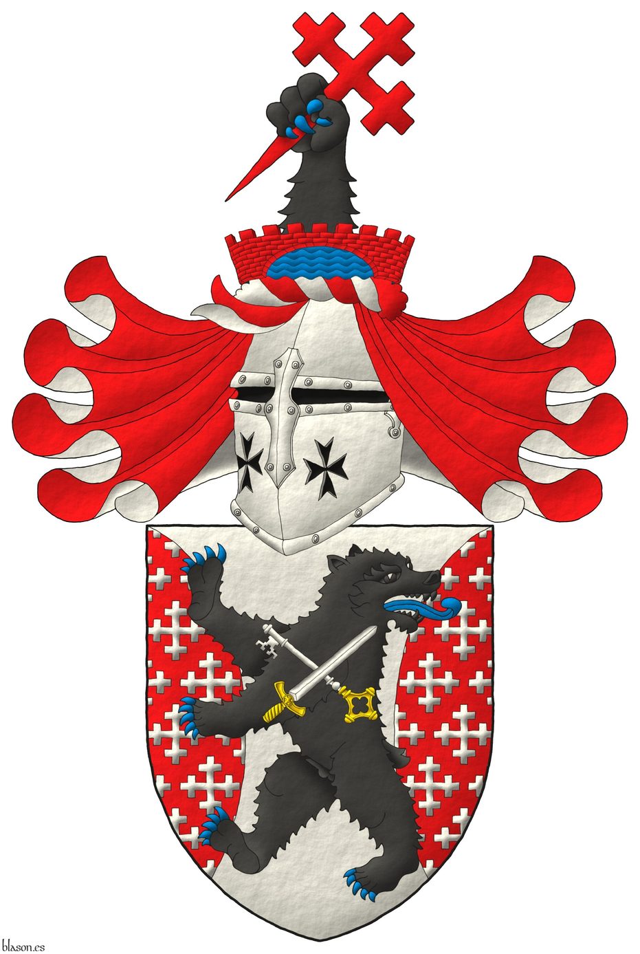 Escudo de plata, flanqueado curvo de gules sembrado de cruces recrucetadas de plata, brochante sobre el todo un oso rampante y contornado de sable, armado y lampasado de azur, cargado de una llave y una espada en sotuer de plata, ambas guarnecidas de oro y la llave resaltada de la espada. Timbrado de un yelmo adornado de dos lambrequines de gules doblados de plata, un burelete de plata y gules, cimado de un brazo de oso de sable, armado de azur, teniendo una cruz recruceteada, fijada, puesta en barra de gules, naciente de un puente arqueado, almenado de gules, mazonado de sable, sumado a un ro de azur.