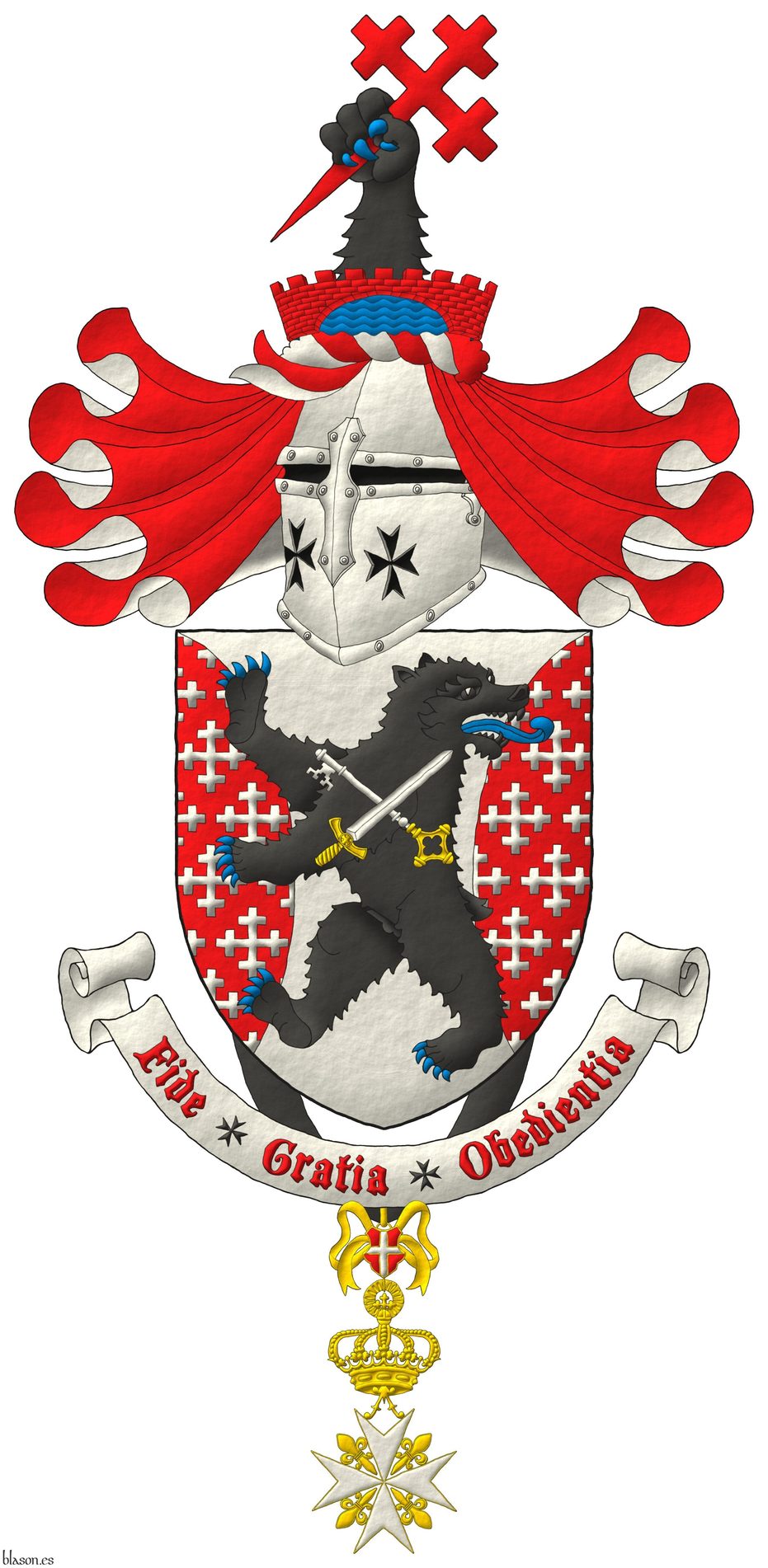 Escudo de plata, flanqueado curvo de gules sembrado de cruces recrucetadas de plata, brochante sobre el todo un oso rampante y contornado de sable, armado y lampasado de azur, cargado de una llave y una espada en sotuer de plata, ambas guarnecidas de oro y la llave resaltada de la espada. Timbrado de un yelmo adornado de dos lambrequines de gules doblados de plata, un burelete de plata y gules, cimado de un brazo de oso de sable, armado de azur, teniendo una cruz recruceteada, fijada, puesta en barra de gules, naciente de un puente arqueado, almenado de gules, mazonado de sable, sumado a un ro de azur. Lema: Fide Gratia Obedientia de gules sobre una filacteria de plata. Pendiente de la punta la cruz de caballero de gracia magistral de la Soberana y Militar Orden Hospitalaria de San Juan de Jerusaln de Rodas y de Malta.