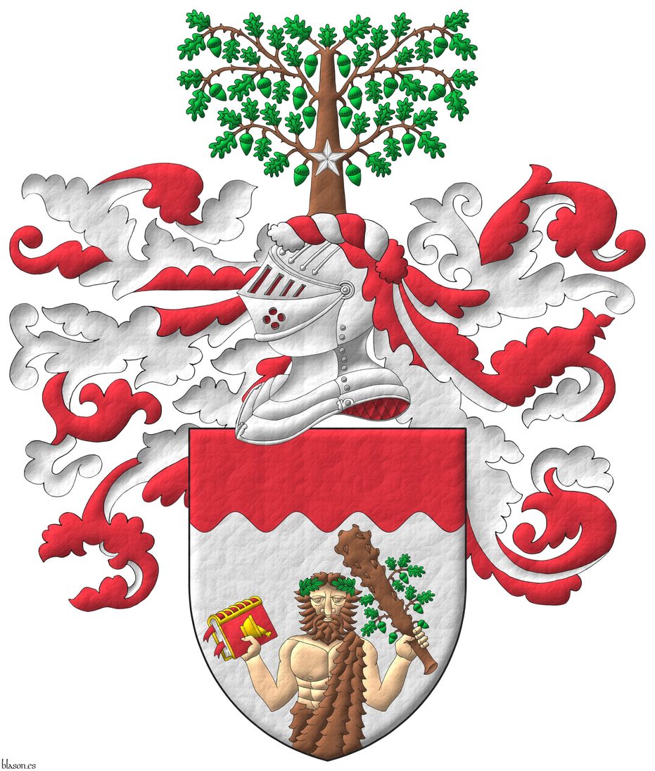 Argent, a demi-savage issuant from the base Carnation, crined, bearded and vested Tenn, wreathed of leaves Vert, holding in his dexter a close book, bookmarked Gules, garnished, on its cover a mortar with pestle Or, in his sinister an oak club Tenn, leaved and fructed Vert; a chief wavy Gules. Crest: Upon a helm lined Gules with a wreath Argent and Gules, an oak couped Tenn, leaved and fructed Vert, its trunk charged with a mullet Argent. Mantling: Gules doubled Argent.