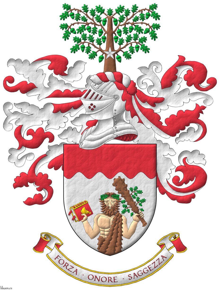 Argent, a demi-savage issuant from the base Carnation, crined, bearded and vested Tenn, wreathed of leaves Vert, holding in his dexter a close book, bookmarked Gules, garnished, on its cover a mortar with pestle Or, in his sinister an oak club Tenn, leaved and fructed Vert; a chief wavy Gules. Crest: Upon a helm lined Gules with a wreath Argent and Gules, an oak couped Tenn, leaved and fructed Vert, its trunk charged with a mullet Argent. Mantling: Gules doubled Argent. Motto: Forza  Onore  Saggezza Gules, over a scroll Argent doubled Gules.