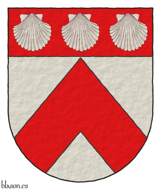 Argent, a Chevron Gules, on a Chief Gules, three escallops Argent, in fess.