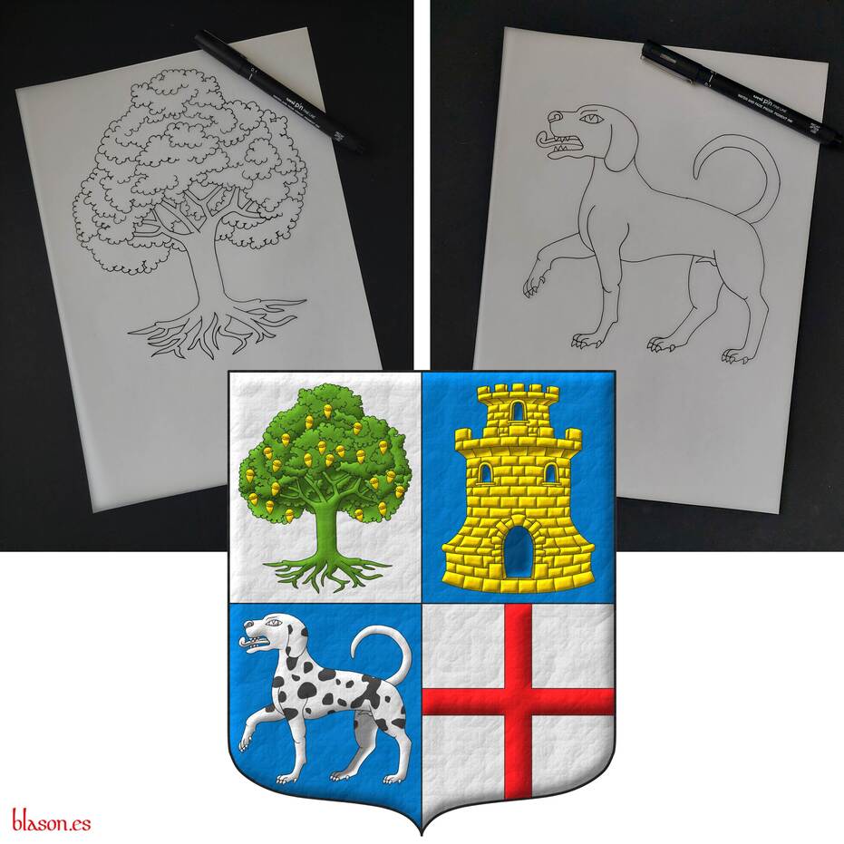 Escudo cuartelado: 1o de plata, una encina arrancada de sinople, frutada de oro, mazonado de sable; 2o de azur, una torre donjonada de oro, aclarada de azur; 3o de azur, un perro pasante de plata, moteado de sable; 4o de plata, una cruz de gules.