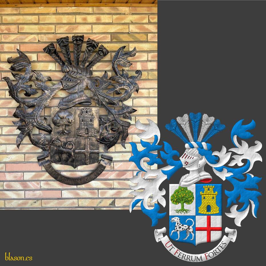 Escudo cuartelado: 1o de plata, una encina arrancada de sinople, frutada de oro, mazonado de sable; 2o de azur, una torre donjonada de oro, aclarada de azur; 3o de azur, un perro pasante de plata, moteado de sable; 4o de plata, una cruz de gules. Timbrado de un yelmo, adornado de dos lambrequines de azur doblados de plata, un burelete de plata y azur, cimado de un penacho de cinco plumas alternadas de azur y plata. Lema: Ut Ferrum Fortes de sable, con letras iniciales de gules, sobre una filacteria de plata.