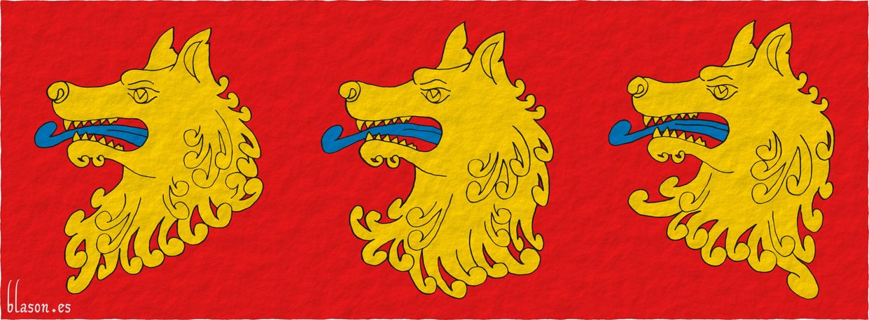 ...three wolves' heads erased in fess Or, langued Azure...