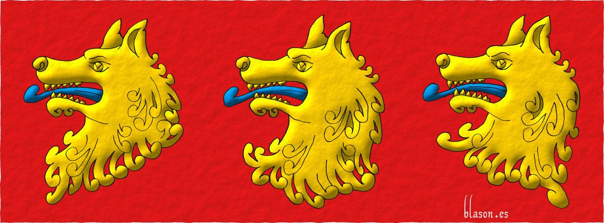 ...three wolves' heads erased in fess Or, langued Azure...