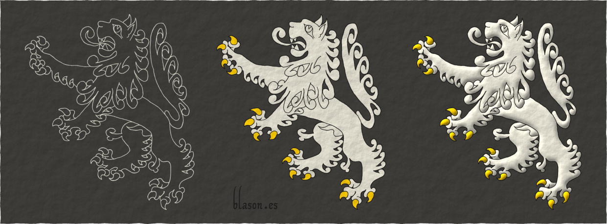 A lion rampant Argent, armed Or.