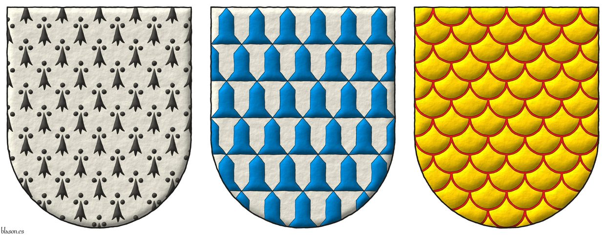 [ Ermine ], [ Vair ] and [ Or papelonny Gules ].