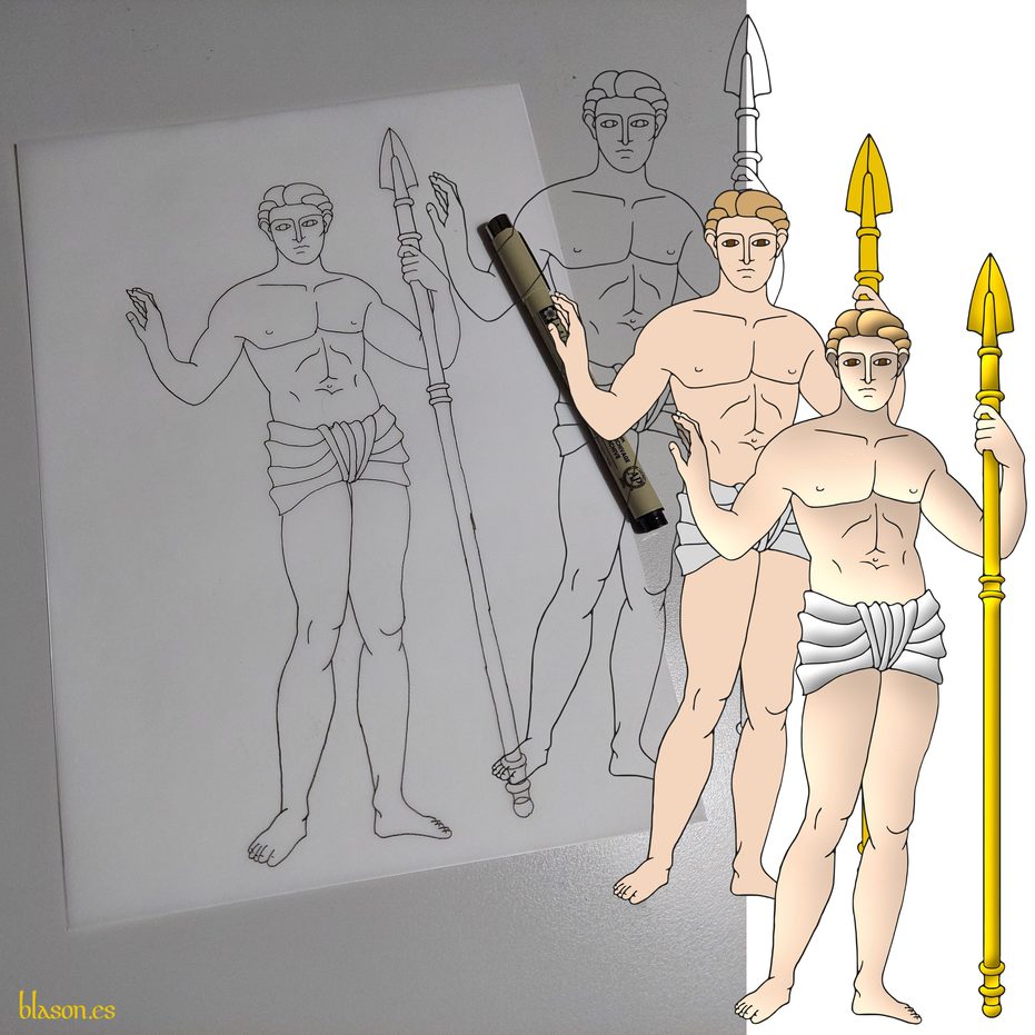 ...supported at sinister by a man proper, wearing a loincloth Argent, holding in his sinister a spear palewise Or...