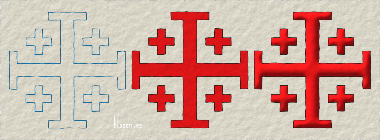 Cruz de Jerusalén, trazado, tintura e iluminada de gules.
