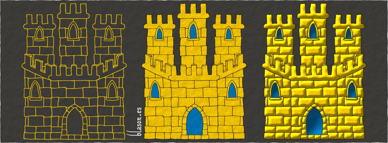 How to paint a castle triple-towered Or, port and windows Azure, masoned Sable.