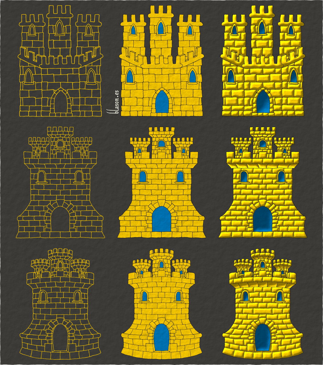 A Castle Or, triple towered, embattled, port and windows Azure, and masoned Sable.
