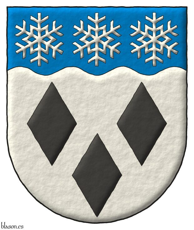 Argent, three lozenges Sable; on a chief wavy Azure, three snowflakes Argent.