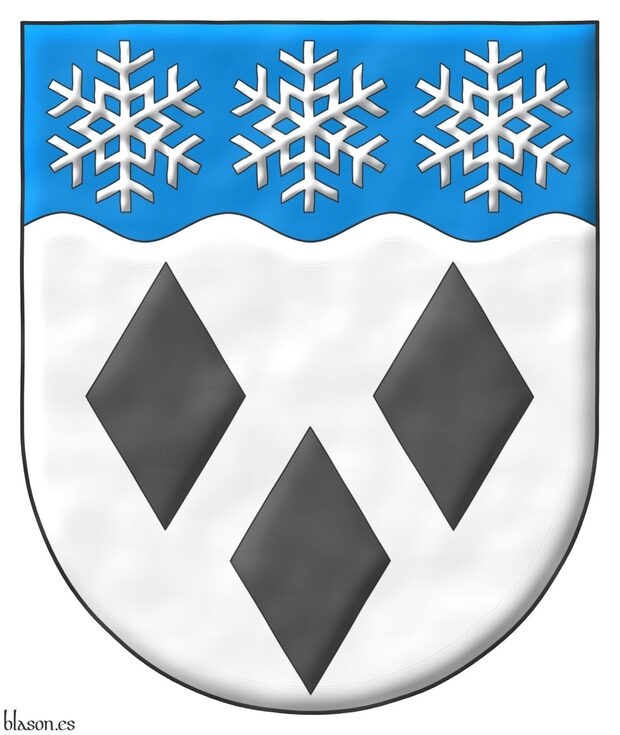 Escudo de plata, tres losanjes de sable; en un jefe ondeado de azur, tres copos de nieve de plata.