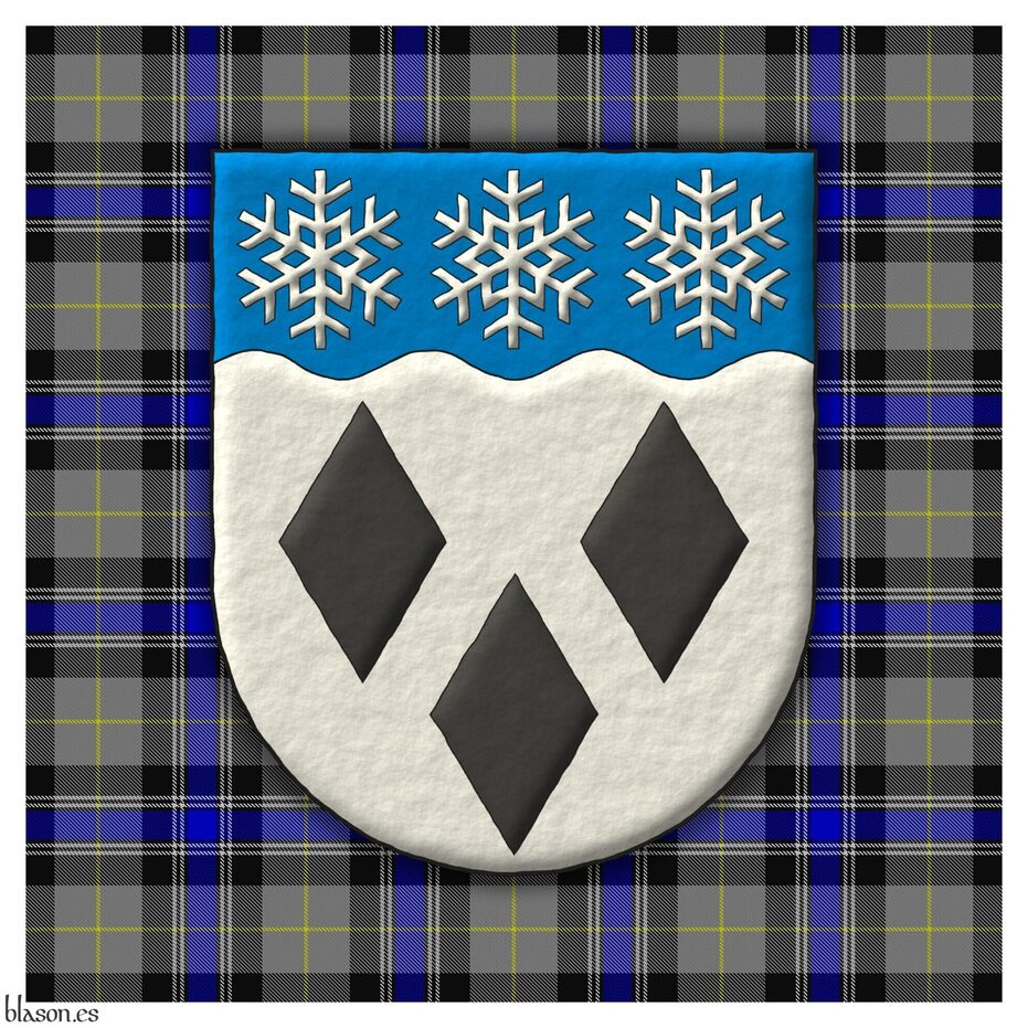 Escudo de plata, tres losanjes de sable; en un jefe ondeado de azur, tres copos de nieve de plata.