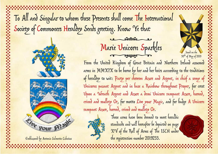 Party per chevron Azure and Argent, in chief a semy of unicorns pasant Argent and in base a rainbow throughout Proper. Crest: Upon a wreath Argent and Azure a demi-unicorn Azure, horned, crined and semé of mullets Or. Motto: «Live your Magic».