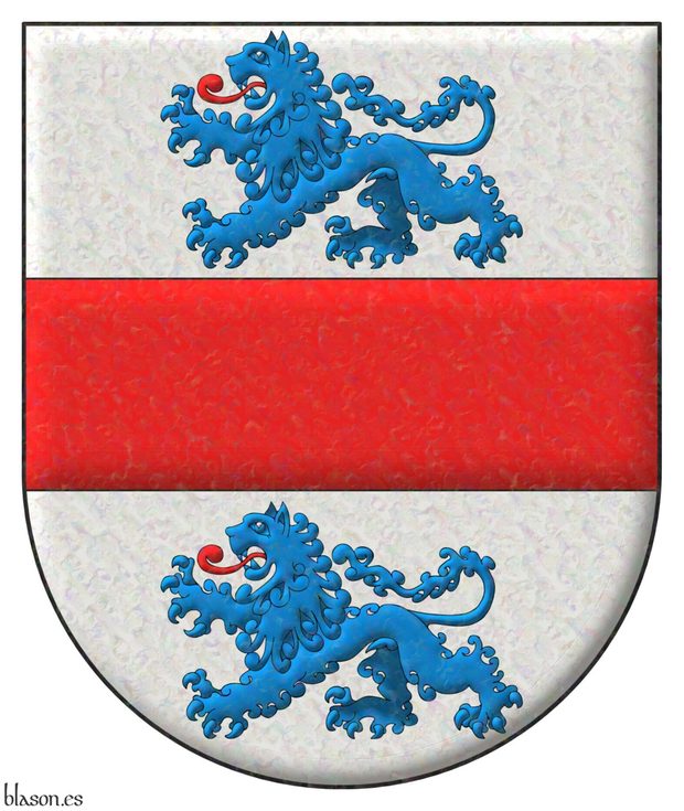 Argent, a fess Gules between two Lions passant Azure, langued Gules.