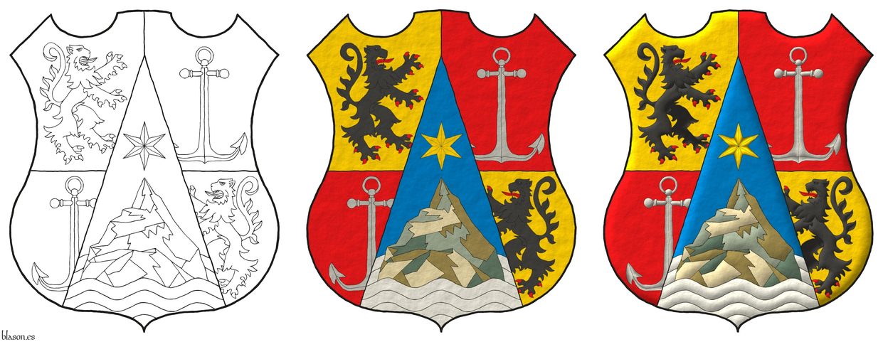 Escudo cuartelado: 1o de oro, un len rampante, alterado de sable, armado y lampasado de gules; 2o y 3o de gules, un ancla al natural; 4o de oro, un len rampante de sable, armado y lampasado de gules; brochante sobre el todo, una pira de azur cargada de un monte saliente de aguas movientes de la punta, en jefe, una estrella de seis puntas de oro.