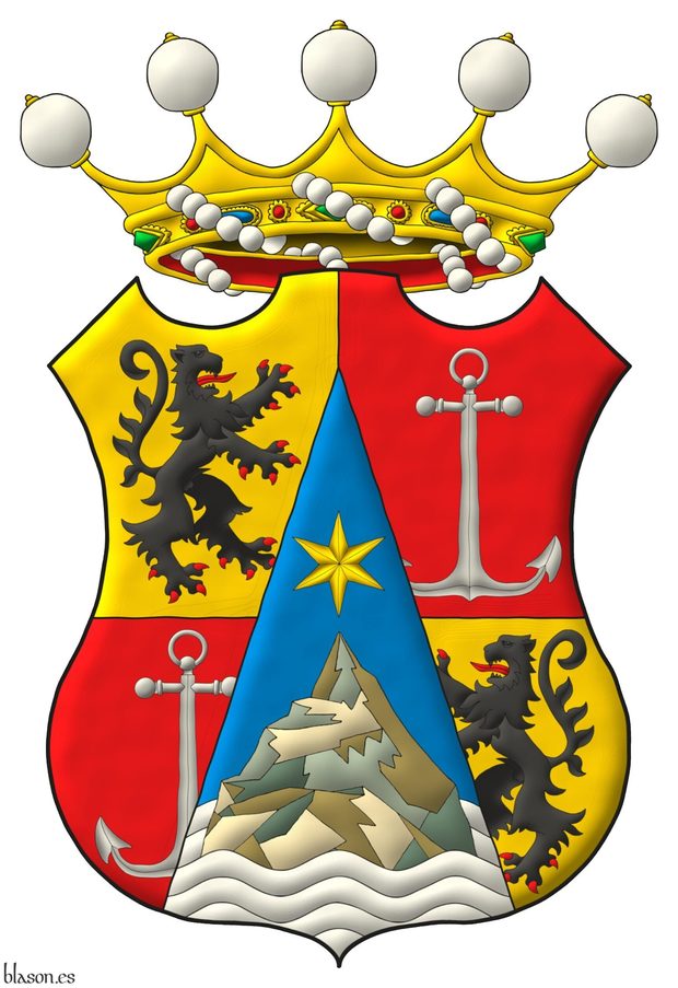 Escudo cuartelado: 1o de oro, un len rampante, alterado de sable, armado y lampasado de gules; 2o y 3o de gules, un ancla al natural; 4o de oro, un len rampante de sable, armado y lampasado de gules; brochante sobre el todo, una pira de azur cargada de un monte saliente de aguas movientes de la punta, en jefe, una estrella de seis puntas de oro. Timbrado de una corona de noble no titulado.