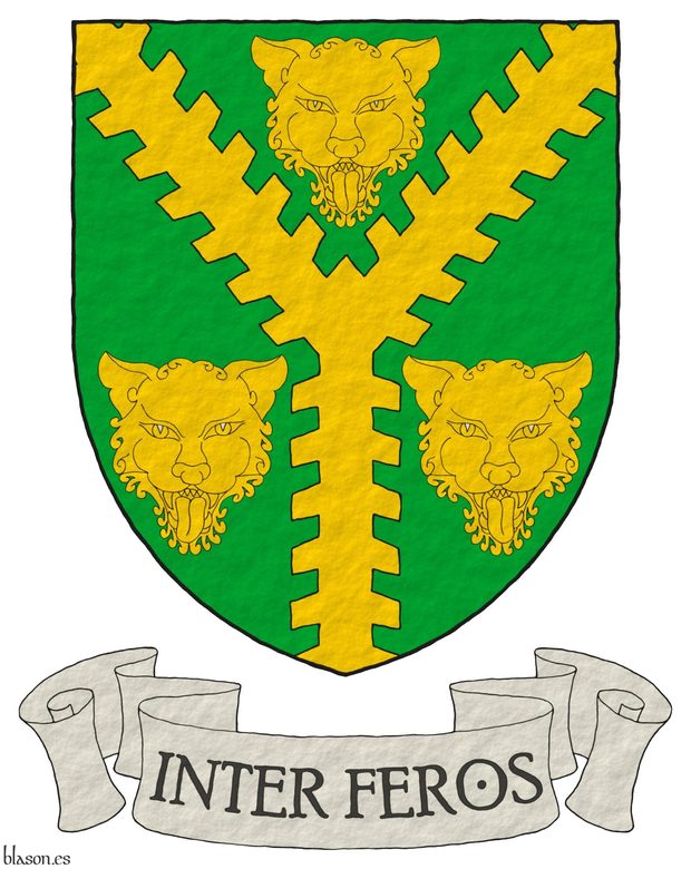 Vert, a pall raguly Or between three leopards' faces Or. Motto: «Inter feros» in letters Sable within a scroll Argent.