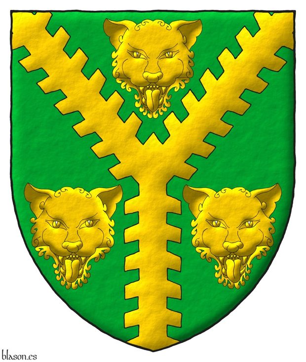Vert, a pall raguly Or between three leopards' faces Or.