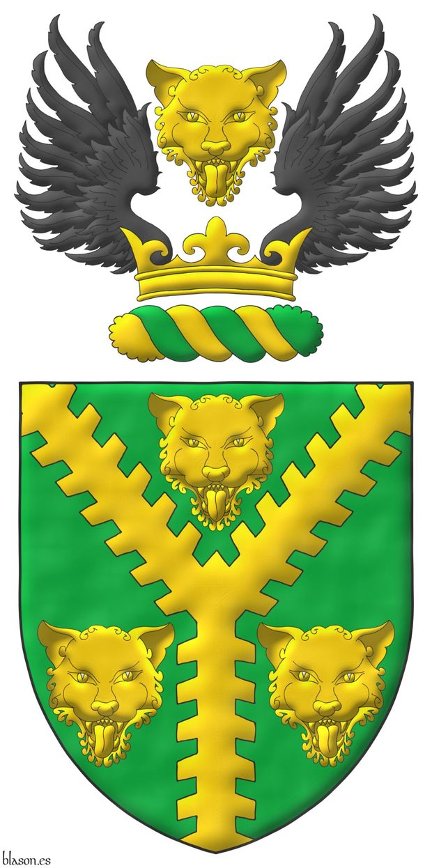 Vert, a pall raguly Or between three leopards' faces Or. Crest: Upon a wreath Or and Vert, on a coronet Or a leopard's face Or between two wings Sable.