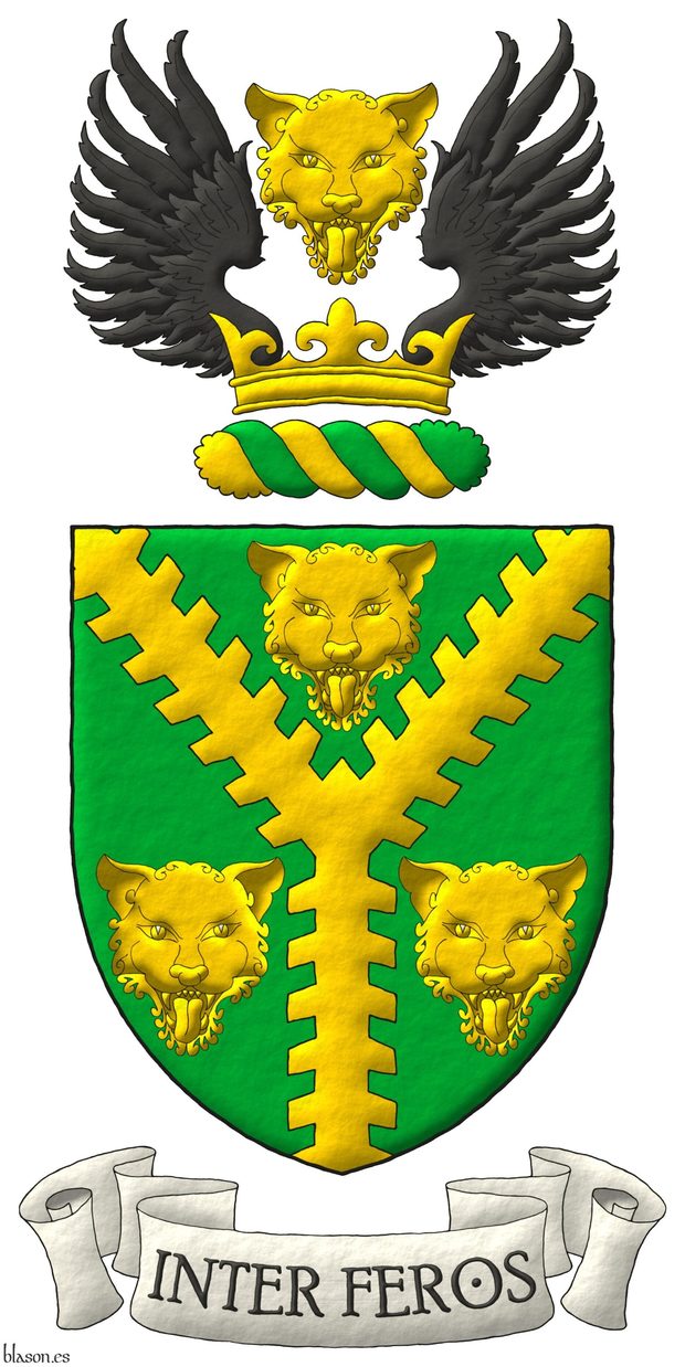 Vert, a pall raguly Or between three leopards' faces Or. Crest: Upon a wreath Or and Vert, on a coronet Or a leopard's face Or between two wings Sable. Motto: «Inter feros» in letters Sable within a scroll Argent.