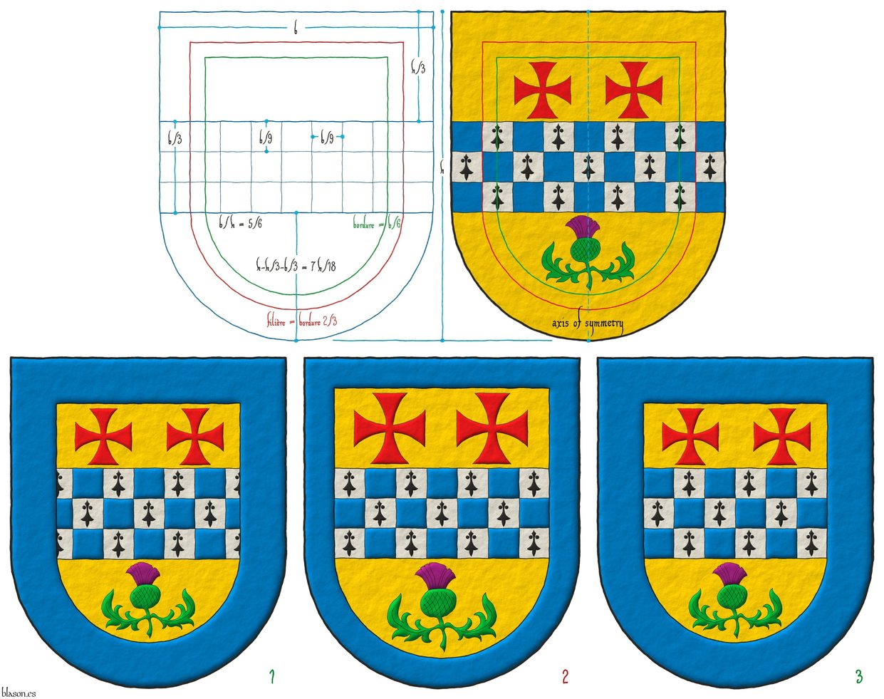 Escudo de oro, una faja ajedrezada de plata, cargada de una cola de armio, y azur, acompaada en jefe de dos cruces patadas de gules, en base de un cardo al natural; una filiera de azur.