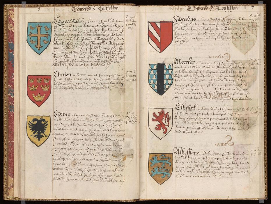 Pginas 6 y 7, genealoga de los reyes ingleses, Manuscrito herldico, 1620