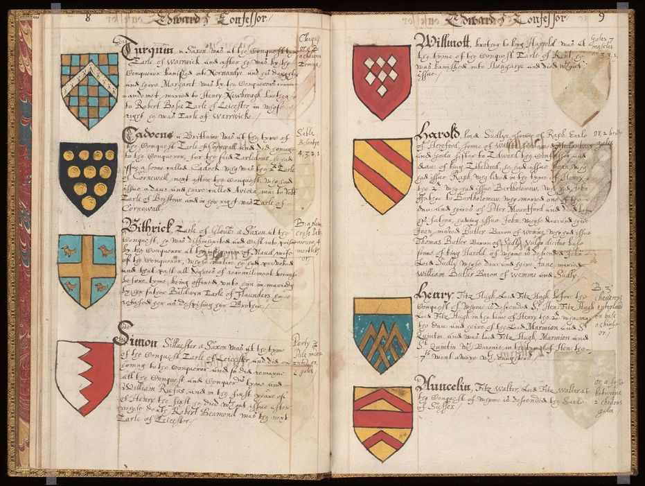 Pages 8 and 9, genealogy of English kings, Heraldic manuscript, 1620