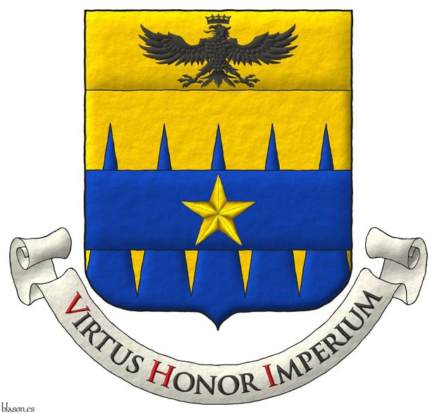 Party per fess indented perlong Or and Azure overall on a fess Azure a mullet Or; on a chief cousu Or an eagle displayed, a crown Or above. Motto �Virtus Honor Imperium� Sable, with initial letters Gules, over a scroll Argent.