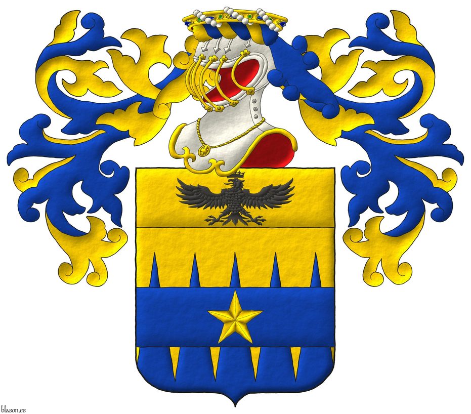 Party per fess indented perlong Or and Azure overall on a fess Azure a mullet Or; on a chief cousu Or an eagle displayed, a crown Or above. Crest: Upon a helm, with visor bars Or, lined Gules, with a wreath Or and Azure, a crown of Baron. Mantling: Azure doubled Or.