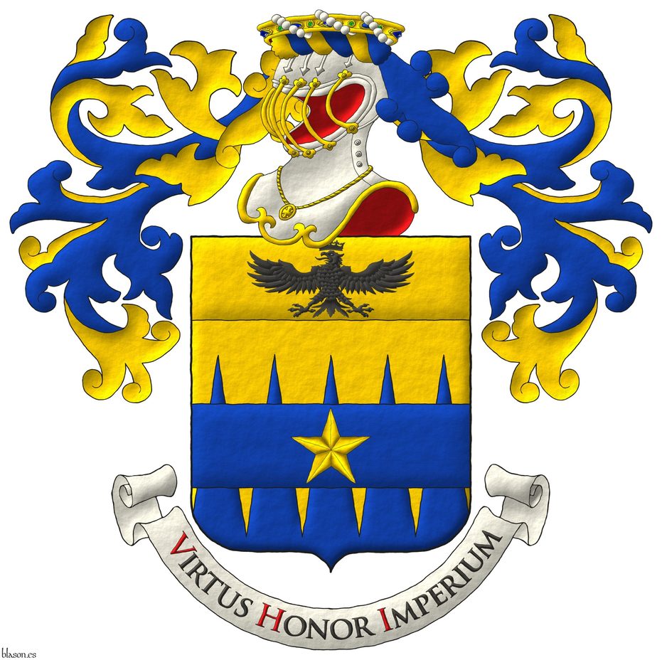 Party per fess indented perlong Or and Azure overall on a fess Azure a mullet Or; on a chief cousu Or an eagle displayed, a crown Or above. Crest: Upon a helm, with visor bars Or, lined Gules, with a wreath Or and Azure, a crown of Baron. Mantling: Azure doubled Or. Motto �Virtus Honor Imperium� Sable, with initial letters Gules, over a scroll Argent.