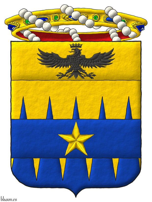 Party per fess indented perlong Or and Azure overall on a fess Azure a mullet Or; on a chief cousu Or an eagle displayed, a crown Or above. Crest: A crown of Baron. Mantling: Azure doubled Or.