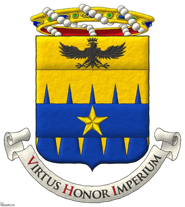 Party per fess indented perlong Or and Azure overall on a fess Azure a mullet Or; on a chief cousu Or an eagle displayed, a crown Or above. Crest: A crown of Baron. Mantling: Azure doubled Or. Motto �Virtus Honor Imperium� Sable, with initial letters Gules, over a scroll Argent.