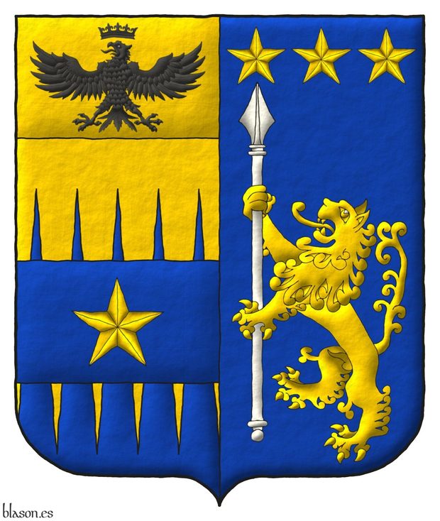 Escudo partido: 1o cortado encajado de oro y azur, brochante sobre la partici�n una faja de azur cargada de una estrella de cinco puntas de oro, un jefe cosido de oro, un �guila surmontada de una corona ambas de sable [de Tamburelli]; 2o de azur, un le�n rampante de oro teniendo una lanza alzada de plata, en jefe, tres estrellas de cinco puntas en faja de oro [de Lanzara].