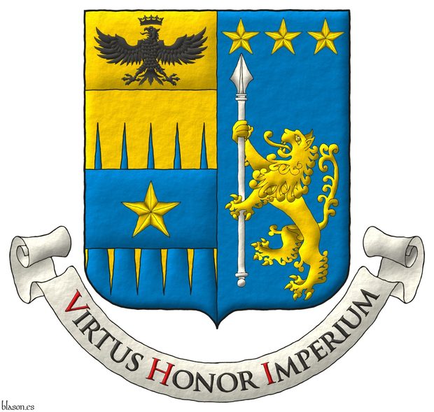 Party per pale: 1 per fess indented perlong Or and Azure overall on a fess Azure a mullet Or, and on a chief cousu Or an eagle displayed, a crown Or above [for Tamburelli]; 2 Azure a lion rampant Or supporting a lance palewise Argent, in chief three mullets Or [for Lanzara]. Motto �Virtus Honor Imperium�.