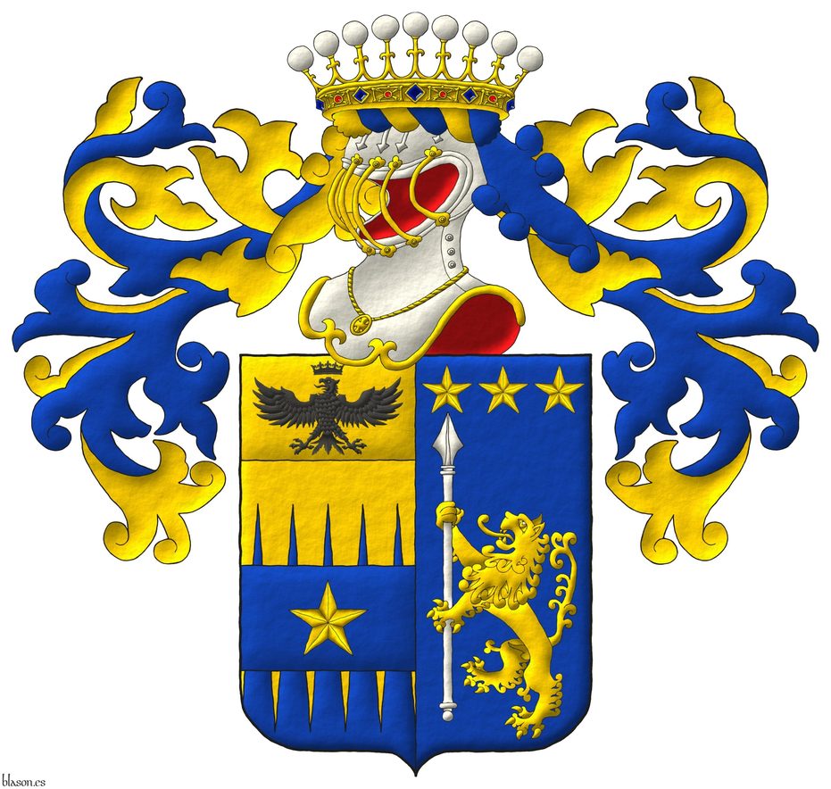 Escudo partido: 1o cortado encajado de oro y azur, brochante sobre la partici�n una faja de azur cargada de una estrella de cinco puntas de oro, un jefe cosido de oro, un �guila surmontada de una corona ambas de sable [de Tamburelli]; 2o de azur, un le�n rampante de oro teniendo una lanza alzada de plata, en jefe, tres estrellas de cinco puntas en faja de oro [de Lanzara]. Timbrado de un yelmo terciado grilleteado de oro, forrado de gules, adornado de dos lambrequines de azur doblados de oro, un burelete de oro y azur, cimado de una corona italiana de conde.