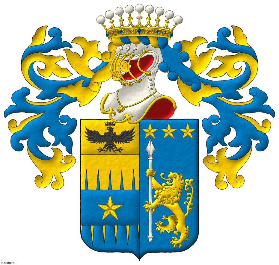 Party per pale: 1 per fess indented perlong Or and Azure overall on a fess Azure a mullet Or, and on a chief cousu Or an eagle displayed, a crown Or above [for Tamburelli]; 2 Azure a lion rampant Or supporting a lance palewise Argent, in chief three mullets Or [for Lanzara]. Crest: Upon a helm, with visor bars Or, lined Gules, with a wreath Or and Azure, a crown of an Italian Count. Mantling: Azure doubled Or.