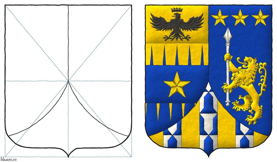 Party per pale: 1 per fess indented perlong Or and Azure overall on a fess Azure a mullet Or, and on a chief cousu Or an eagle displayed, a crown Or above [for Tamburelli]; 2 Azure, a lion rampant Or supporting a lance palewise Argent, in chief three mullets Or [for Lanzara]; ent� en point Or, three pallets Vair [for Prato di Arnesano].