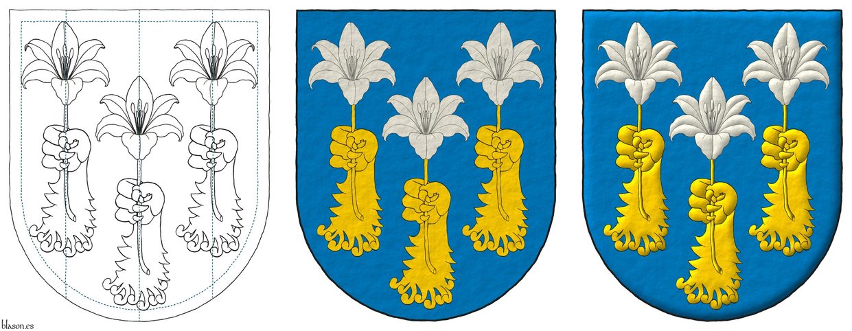 Or, three lions paws erect and erased Or, 2 and 1, each grasping a Madonna lily Argent.