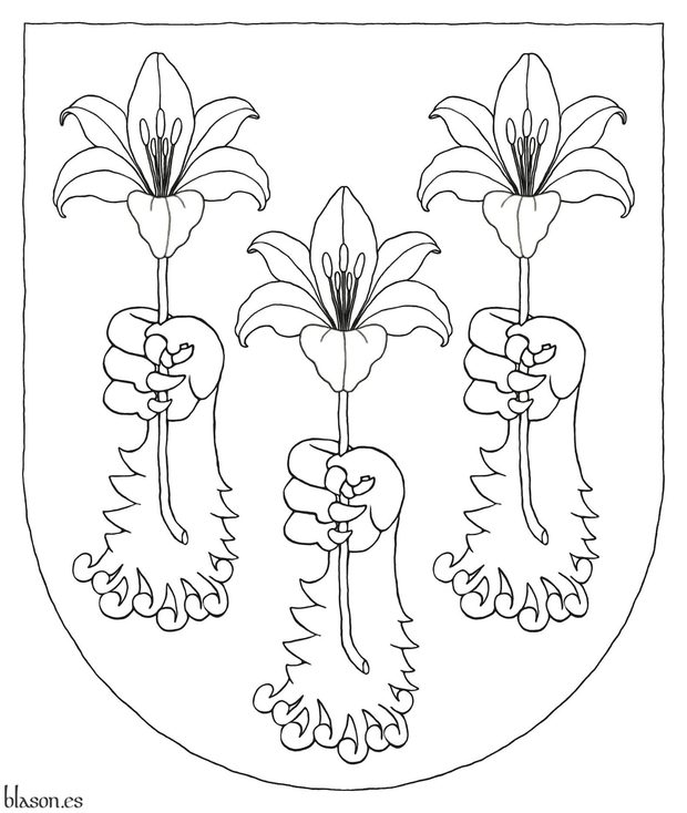 Or, three lions paws erect and erased Or, 2 and 1, each grasping a Madonna lily Argent.